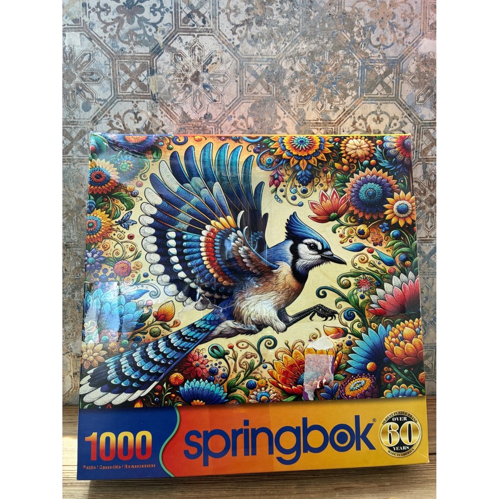 Springbok 1000 Piece Jigsaw Puzzle Blue Jay Psychedelic Floral Bird 24x30 NEW